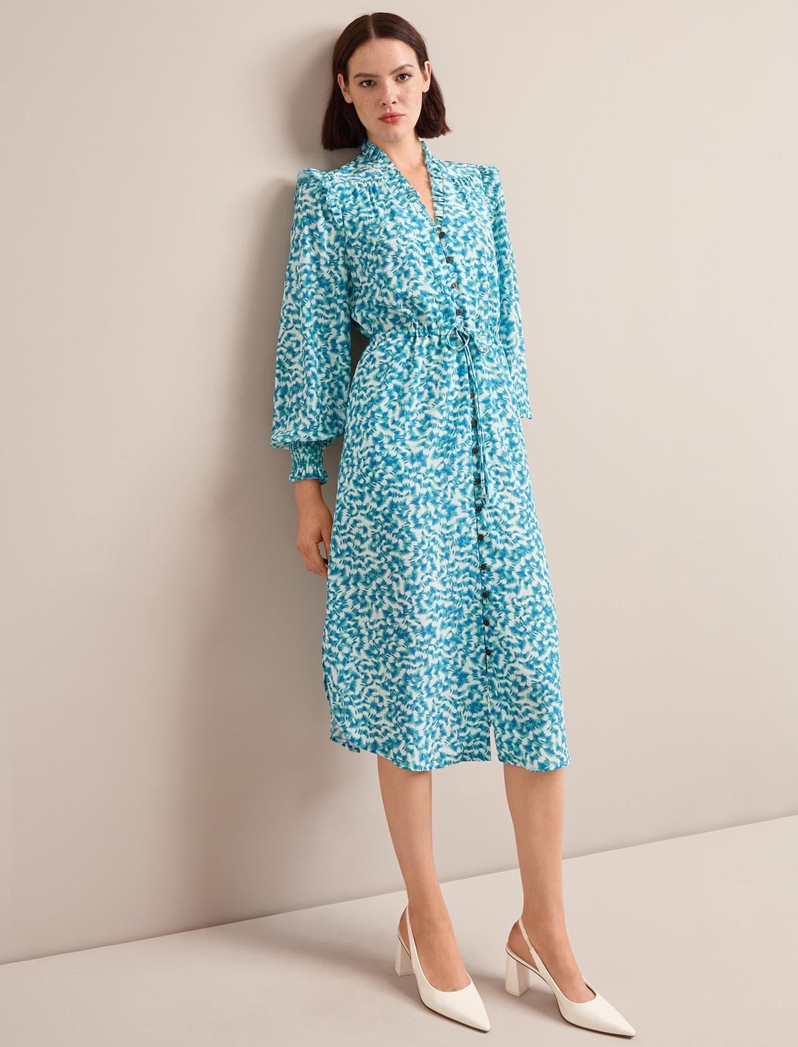 Stella Silk Midi Dress - Blue Green Feather Print - Image 3
