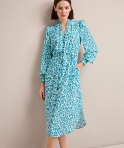 Stella Silk Midi Dress - Blue Green Feather Print