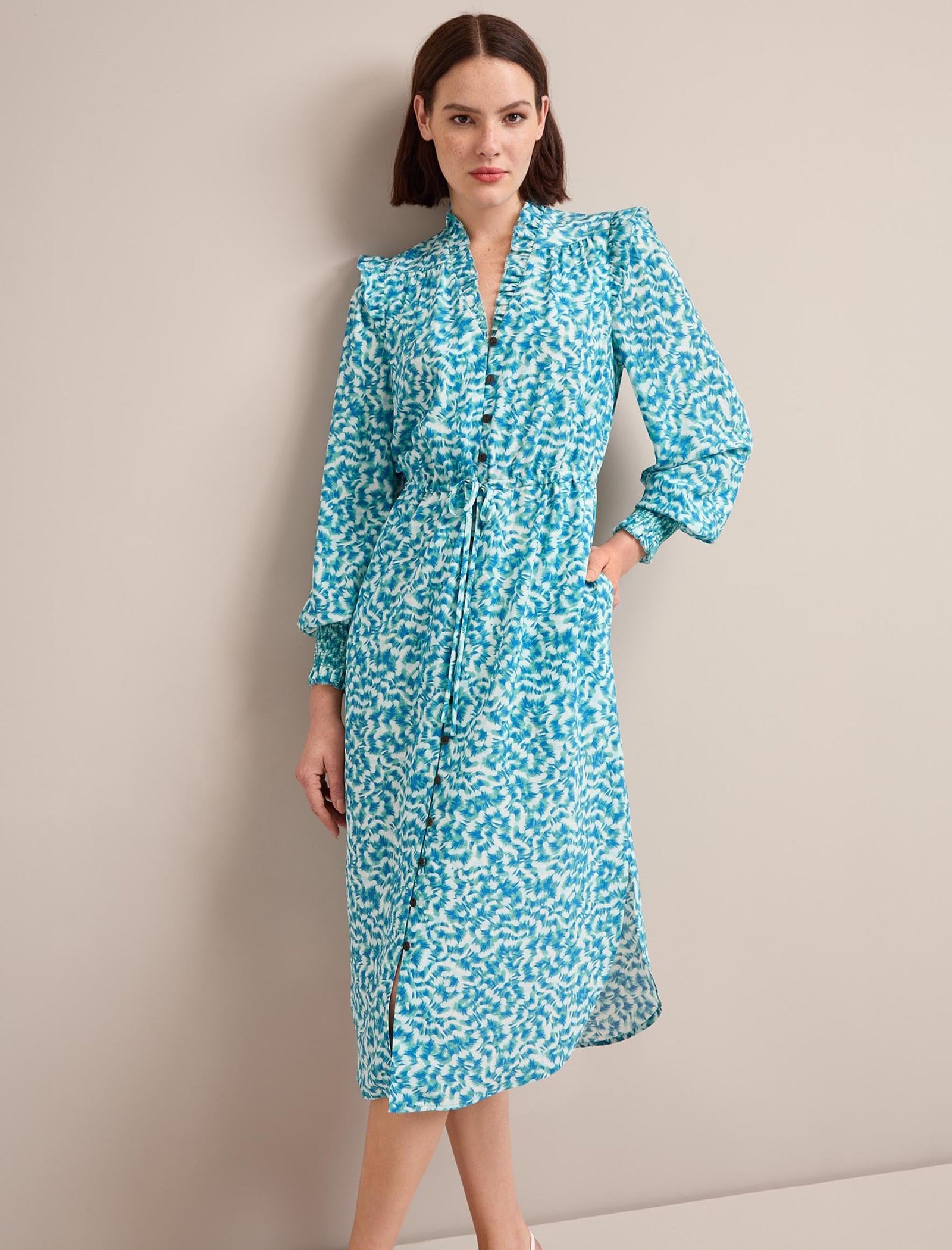 Stella Silk Midi Dress - Blue Green Feather Print