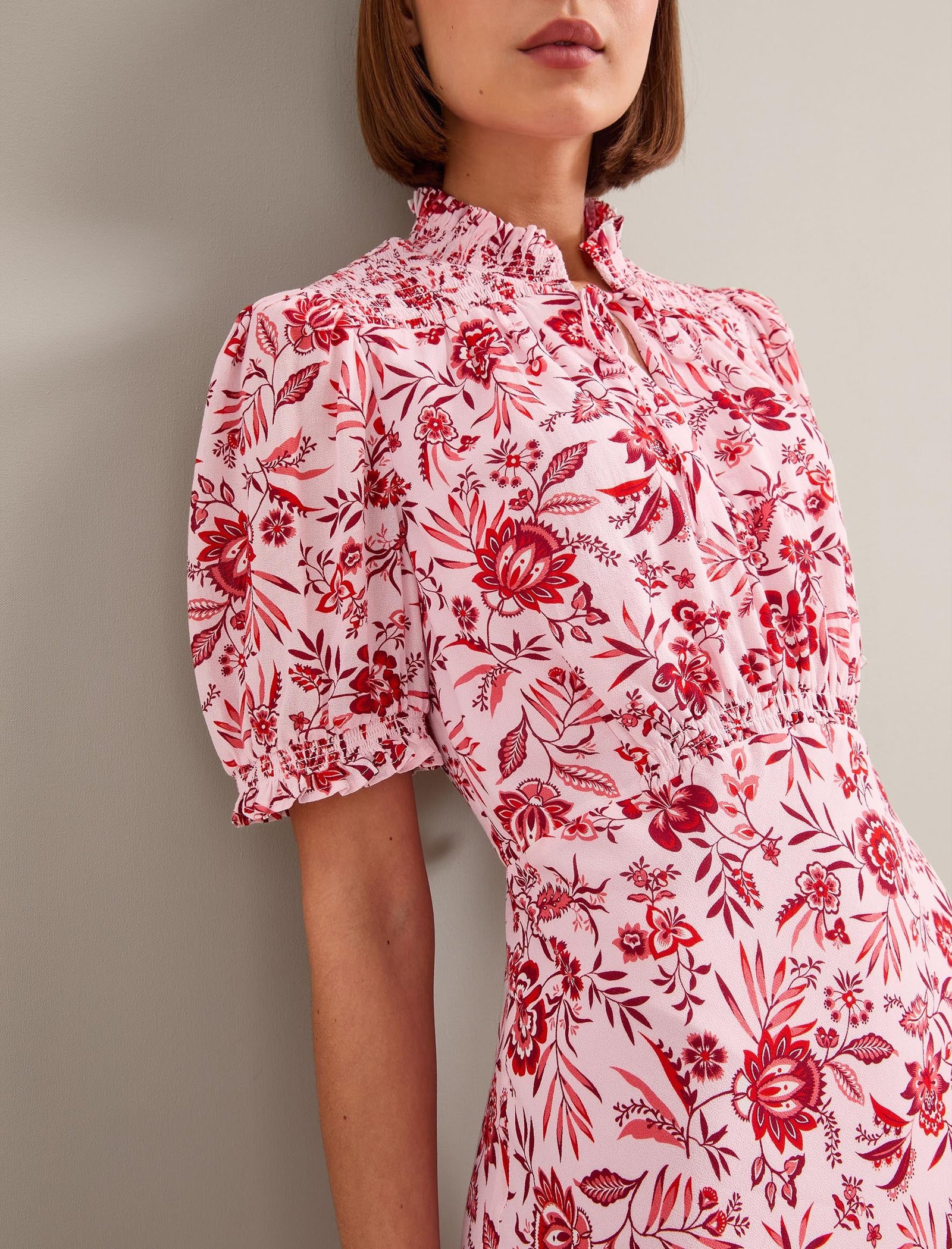 Irina Cotton Blend Midi Dress - Pink Palm Floral Print - Image 7