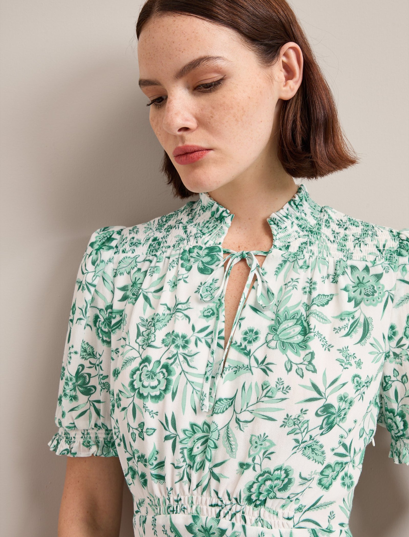 Irina Cotton Blend Midi Dress - Green Palm Floral Print - Image 4