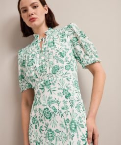 Irina Cotton Blend Midi Dress - Green Palm Floral Print