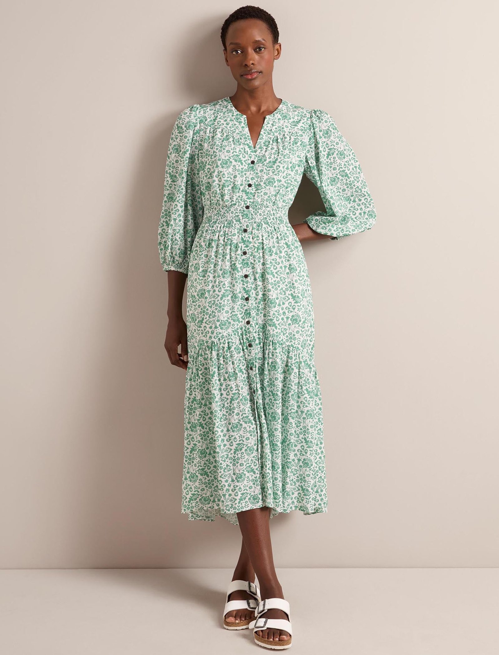 Aspen Cotton Blend Maxi Dress - Green Mono Floral Print - Image 3