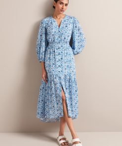Aspen Cotton Blend Maxi Dress - White Blue Ditsy Carnation Print